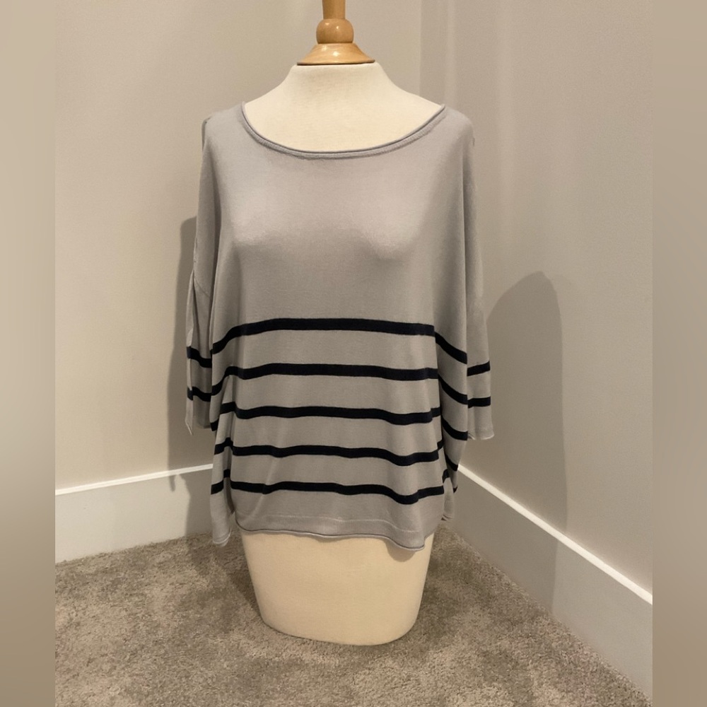 SHAE Boatneck Knit Top, Light Gray with Navy Stripe, Size S